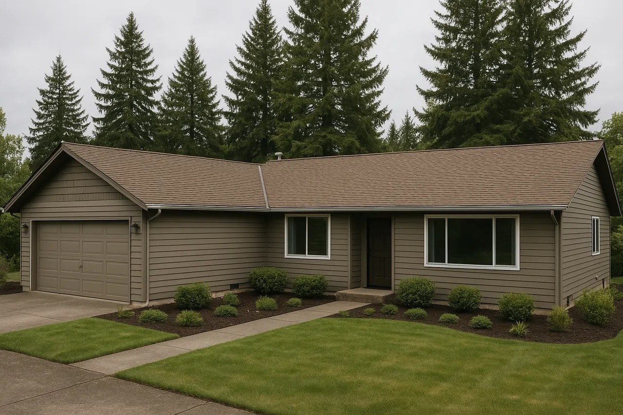 A full home with a new dimensional asphalt shingle roof and clean gutters
