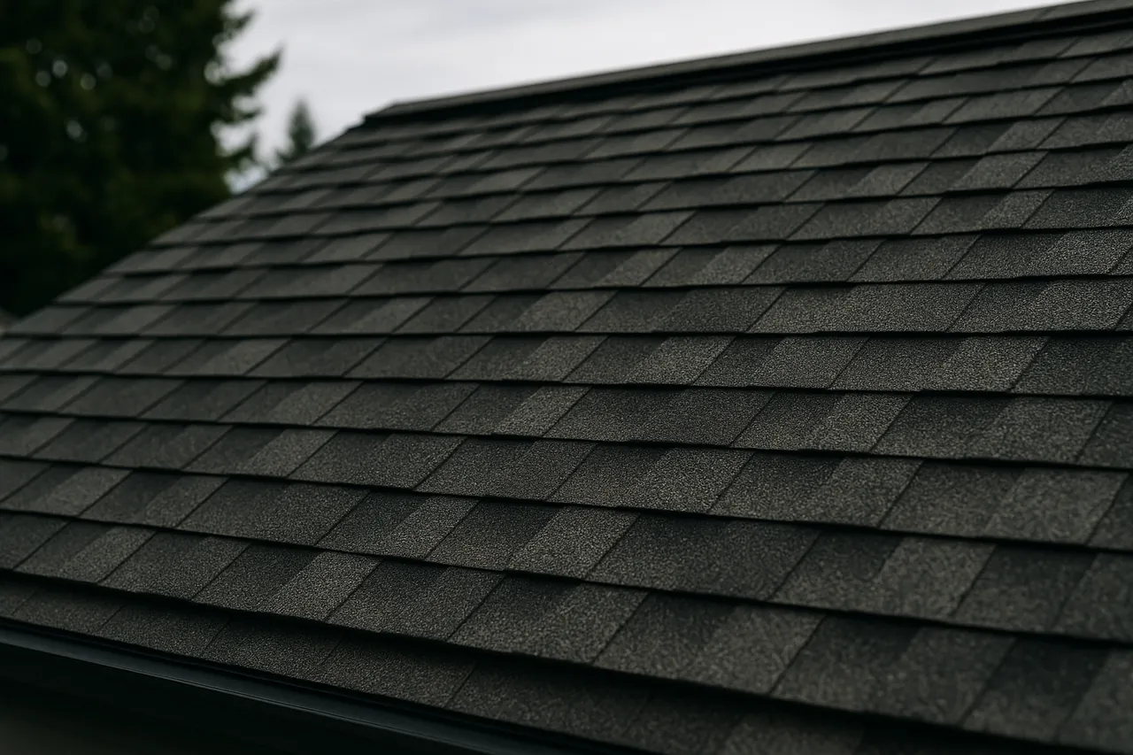 Close view of new architectural asphalt shingles with clean ridge lines
