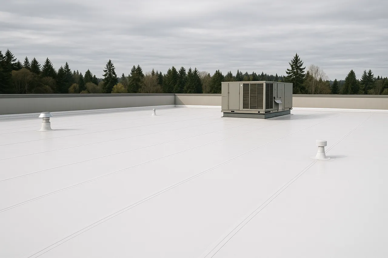 A clean white TPO membrane commercial flat roof with rooftop units