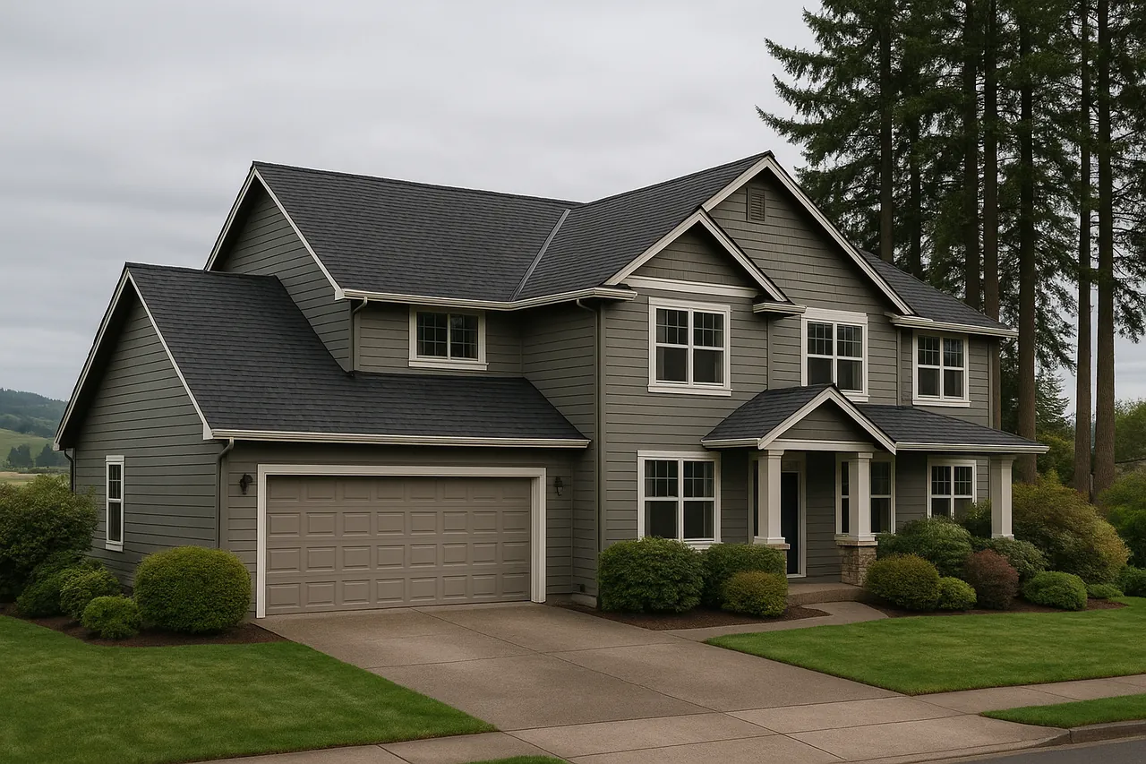 A Willamette Valley home with a freshly installed architectural shingle roof under soft overcast light
