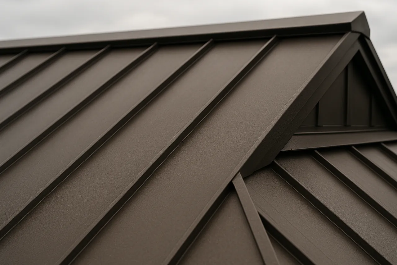 Close view of standing seam metal panels and clean ridge detail