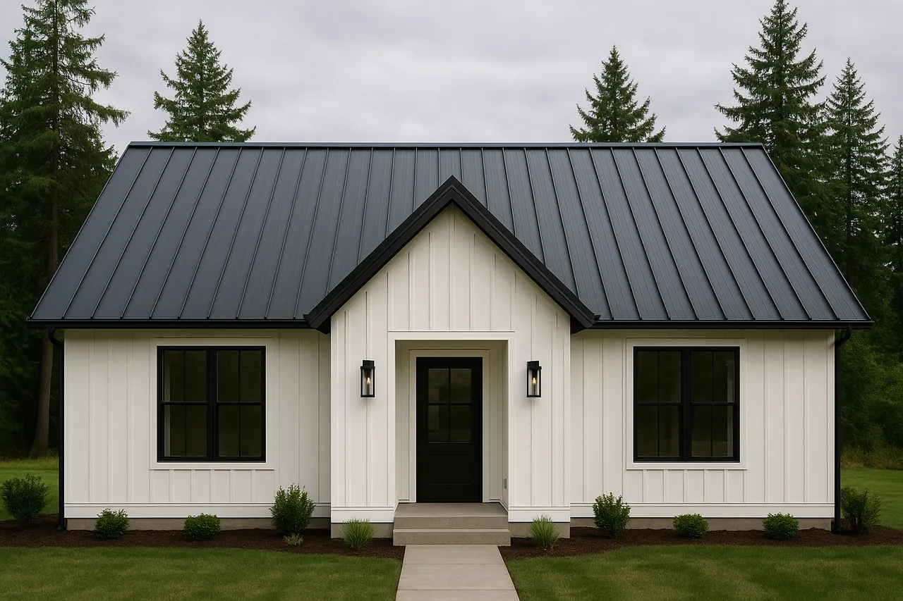 A home with a dark standing seam metal roof and clean vertical seams