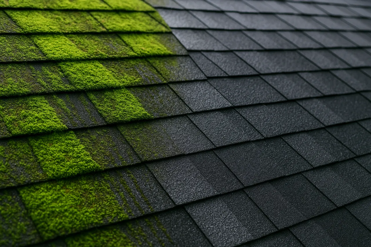 A roof half cleaned of moss showing the difference