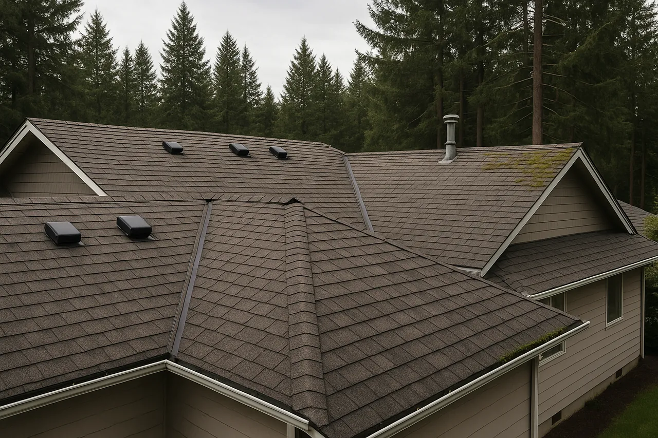 Overhead view of a valley home roof with visible condition detail