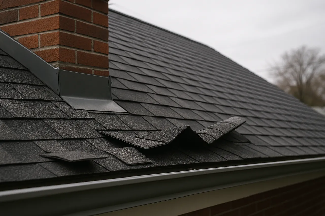 A close look at a roof's flashing and ridge during an inspection
