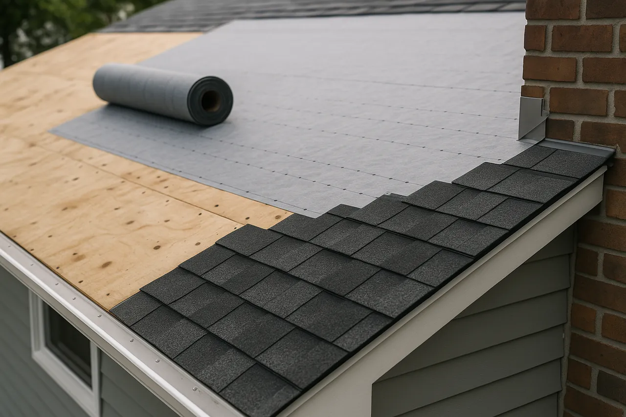 A roofing crew's tear off in progress with new underlayment down and clean staging