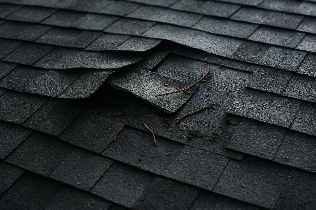Wind lifted shingles and debris on a roof after a storm
