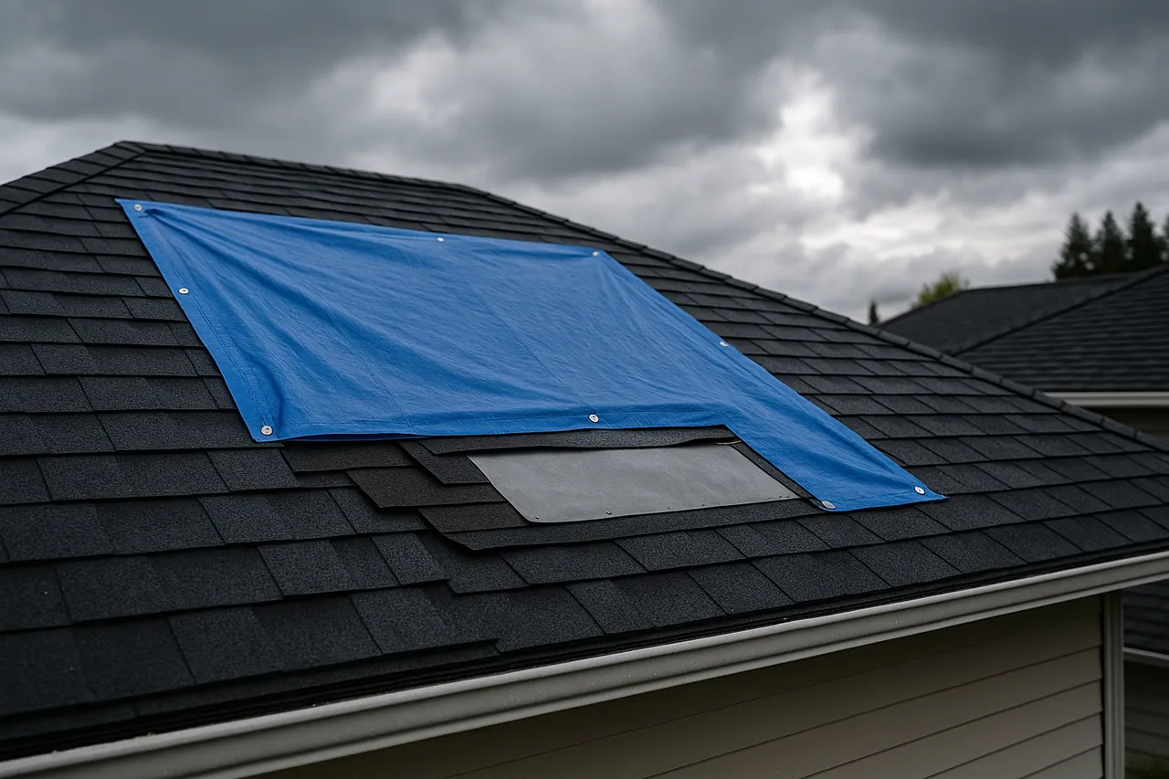 A roof section dried in and protected after storm damage